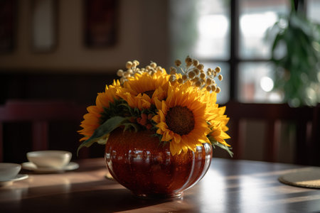 Sunflowers in a vase on a table in a cafeの素材