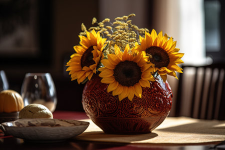 Sunflowers in a vase on a table in a restaurantの素材