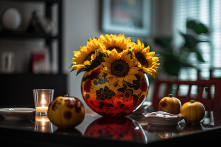 Still life with sunflowers in vase on table at homeの素材