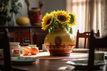 Vase with sunflowers on the table in the dining roomの素材