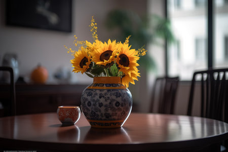 Bouquet of sunflowers in a vase on the tableの素材