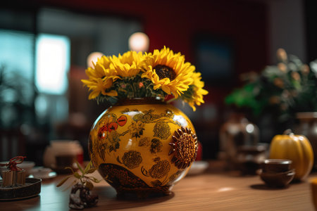 Decorative vase with sunflowers on a wooden table.の素材