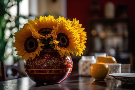 Sunflowers in a vase on a table in a cafeの素材