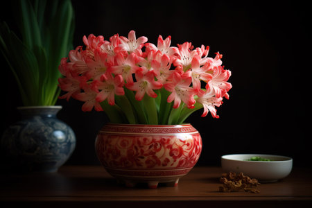A round vase filled with Tuberose at the table. Lunar new year decorationの素材
