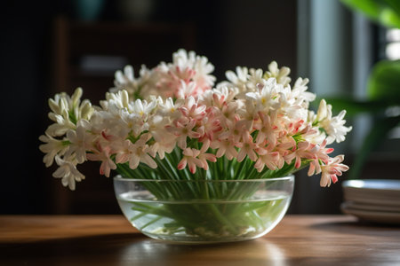 A round vase filled with Tuberose at the table. Lunar new year decorationの素材