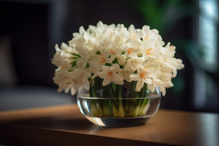 A round vase filled with Tuberose at the table. Lunar new year decorationの素材