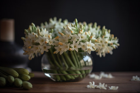 A round vase filled with Tuberose at the table. Lunar new year decorationの素材