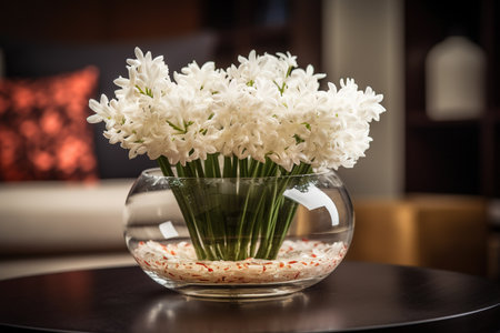 A round vase filled with Tuberose at the table. Lunar new year decorationの素材