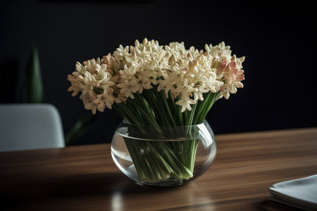 A round vase filled with Tuberose at the table. Lunar new year decorationの素材