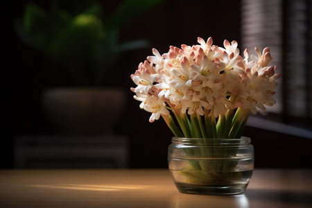 A round vase filled with Tuberose at the table. Lunar new year decorationの素材