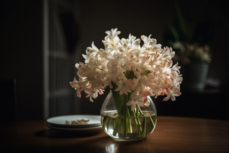 A round vase filled with Tuberose at the table. Lunar new year decorationの素材