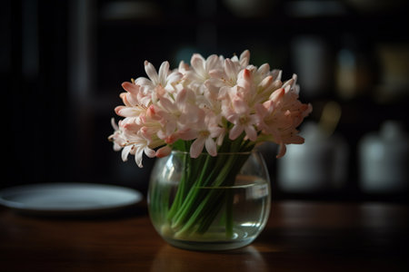 A round vase filled with Tuberose at the table. Lunar new year decorationの素材