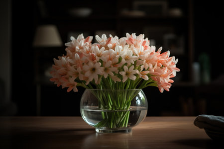 Bouquet of beautiful flowers in glass vase on table indoorsの素材