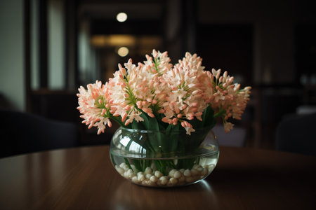 A round vase filled with Tuberose at the table. Lunar new year decorationの素材