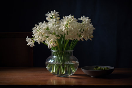 A round vase filled with Tuberose at the table. Lunar new year decorationの素材