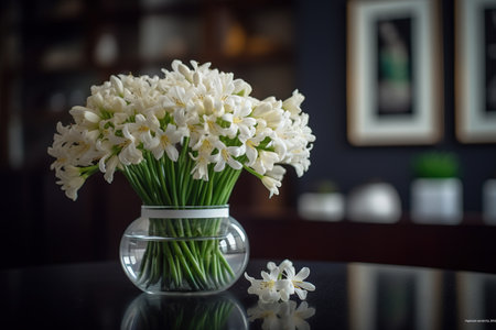 A round vase filled with Tuberose at the table. Lunar new year decorationの素材