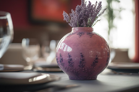 Purple vase with lavender on the table in a restaurantの素材