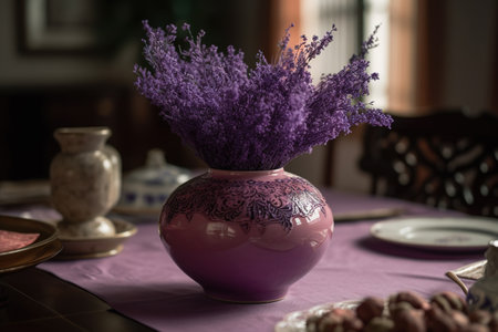 Vase with lavender flowers on the table. Selective focus.の素材