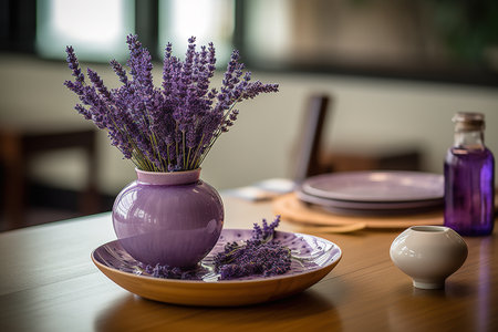 Lavender flowers in a vase on a wooden table.の素材