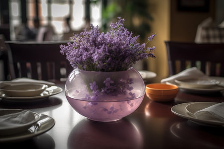 Vase of lavender flowers on the table in a restaurant.の素材