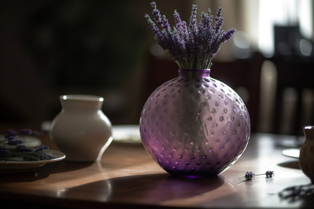Lavender flowers in a vase on a wooden table.の素材