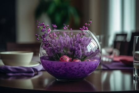 Easter table setting with purple eggs and flowers in glass vaseの素材