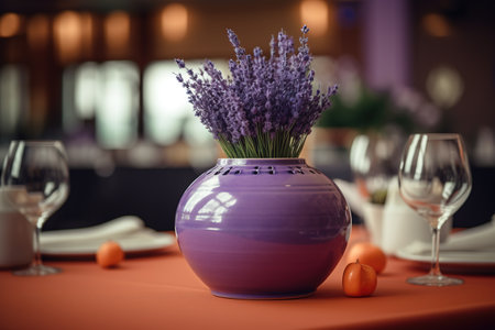 Purple vase with lavender flowers on table in restaurant, closeupの素材