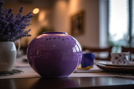 Purple ceramic vase on a table in a dining room.の素材