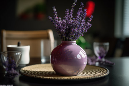 purple vase with lavender flowers on the table in the kitchenの素材