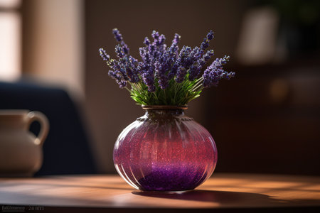 Lavender flowers in a vase on the table in the roomの素材