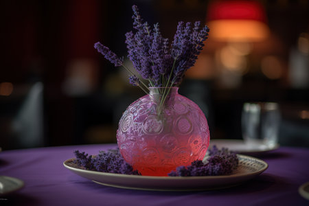 Lavender flowers in a vase on a table in a restaurantの素材