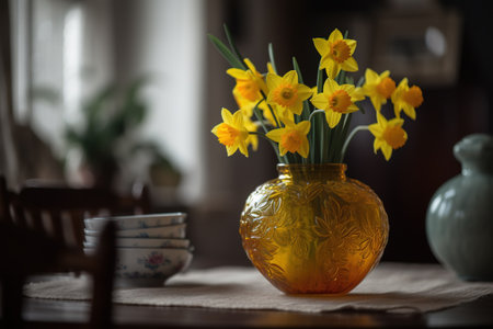 Daffodils in a vase on a table in a roomの素材