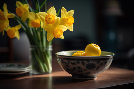 Yellow daffodils in a vase on a wooden tableの素材