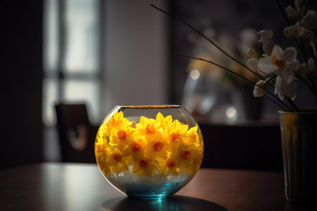 Beautiful yellow daffodils in glass vase on tableの素材