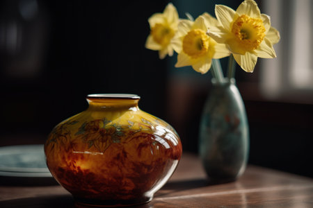 Beautiful daffodils in vase on wooden table.の素材