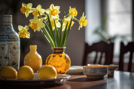Yellow daffodils in a vase on a wooden tableの素材