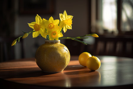 Yellow daffodils in vase with lemons on wooden tableの素材