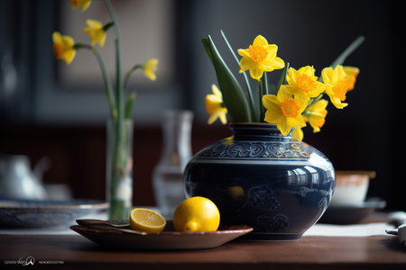 Vase with daffodils and lemon on a wooden tableの素材