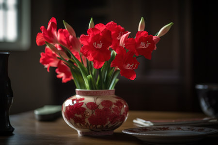 Red gladiolus flowers in a vase on a wooden tableの素材