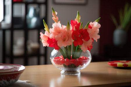 Bouquet of gladiolus flowers in vase on wooden tableの素材