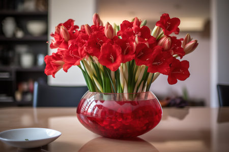 A round vase filled with Gladiolus at the table. Lunar new year decorationの素材