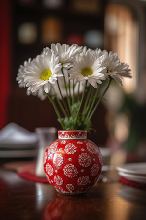White daisies in a red vase on a wooden tableの素材