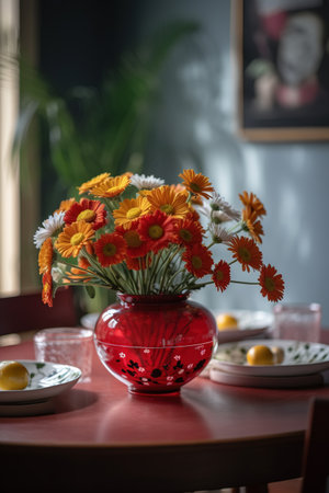 Vase with a bouquet of daisies on the tableの素材