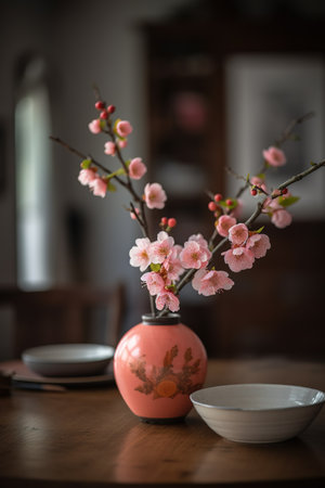 Plum blossom in vase on wooden table in living roomの素材