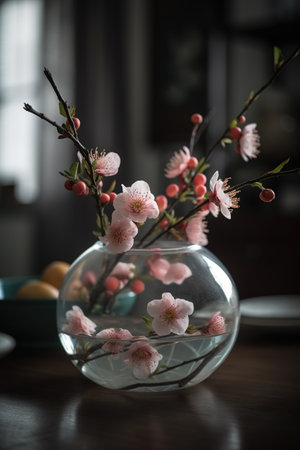Bouquet of cherry blossoms in a vase on a wooden tableの素材