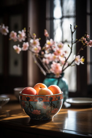 Peaches in a vase on a wooden table in the sunlightの素材