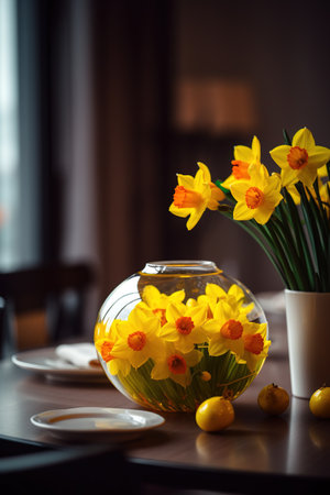 Beautiful yellow daffodils in a vase on the tableの素材