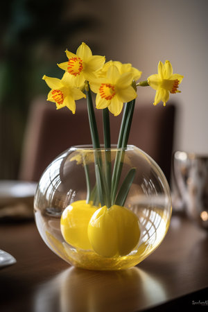 Easter table setting with yellow daffodils in vaseの素材