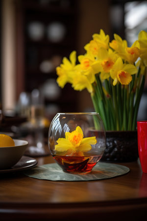 Daffodils in a vase on a wooden table.の素材