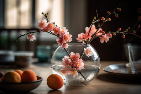 cherry blossom in vase and easter eggs on wooden tableの素材